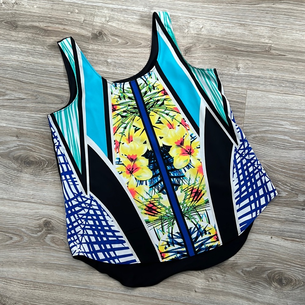 Dressy tank with floral pattern.